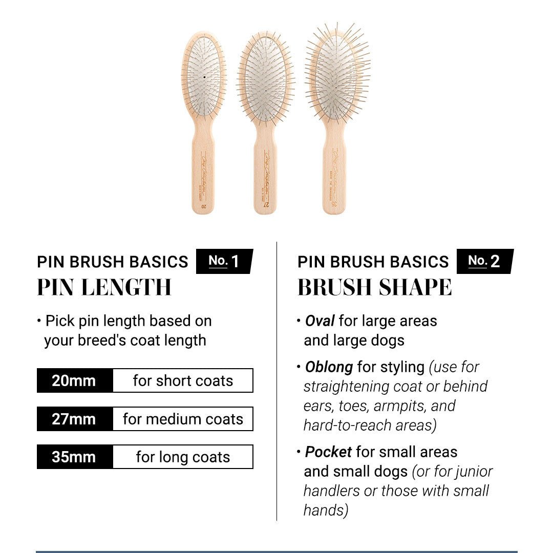 Pin Brush Basics #1: pick pin length based on your breed's coat length. 20mm for short coats, 27mm for medium coats, 35mm for long coats. Pin Brush Basics #2: Brush Shape: Oval for large areas and large dogs. Oblong for