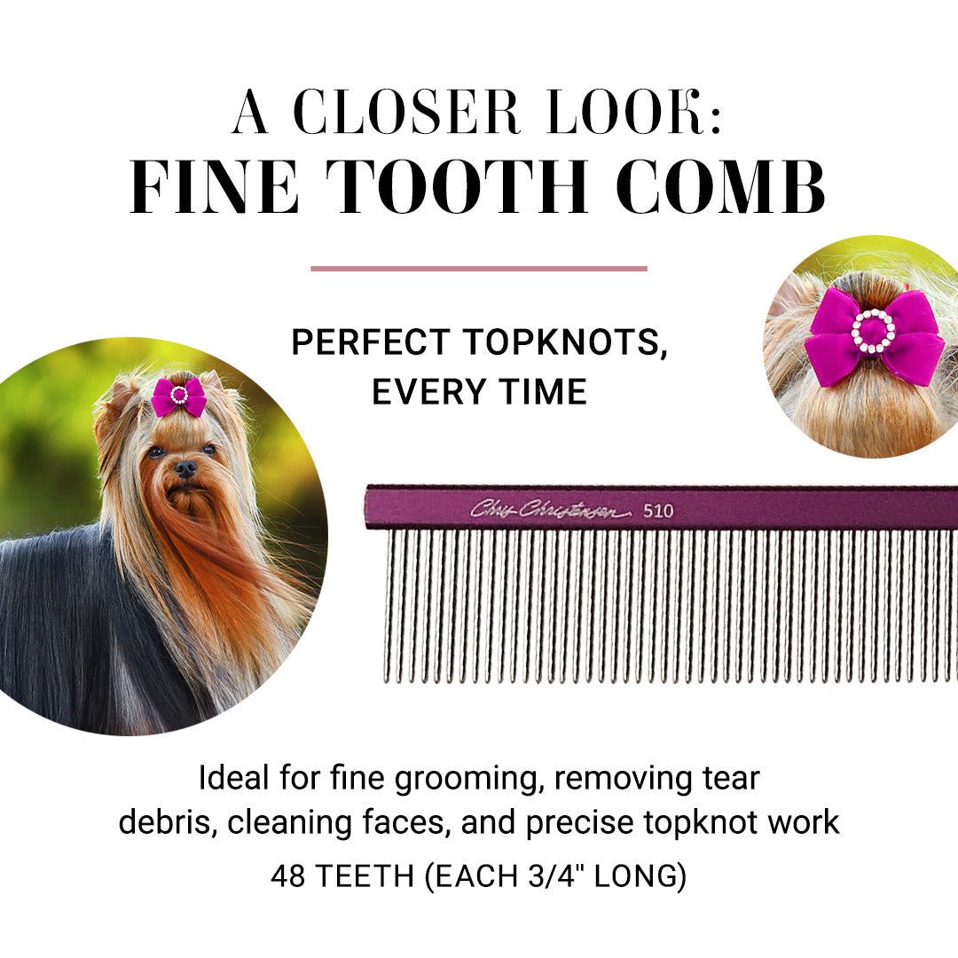 A closer look: Fine tooth comb - perfect top knots every time. Ideal for grooming, removing tear debris, cleaning faces, and precise topknot work. 48 teeth (each 3/4" long)