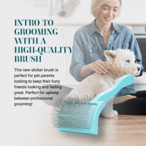 Intro to grooming with a high-quality brush - this new slicker brush is perfect for pet parents looking for keep their furry friends looking and feeling great. Perfect for upkeep between professional grooming!