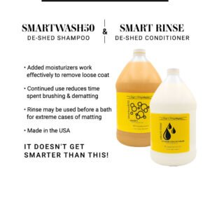 SmartWash50 De-shed Shampoo for dogs and cats & Smart Rinse De-shed Conditioner. Added moisturizers work effectively to remove loose coat. Continued use redueces time spent brushing & dematting. Rinse may be used before a bath for extreme cases of matting. Made in the USA. It doesn't get smarter than this!