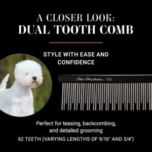A closer look: Dual tooth comb - style with ease and confidence! Perfect for teasing, backcombing, and detailed grooming. 62 teeth (varying lengths of 9/16