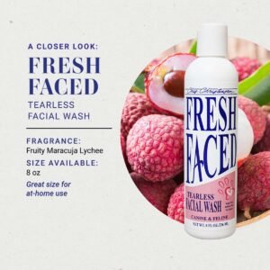 A closer look at Chris Christensen Fresh Faced Tearless Facial Wash. Fragrance: Fruity Maracuja Lychee. Size available: 8 oz. Great size for at-home use.