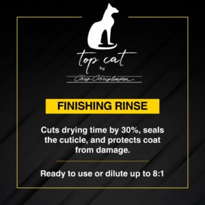 Chris Christensen Top Cat Finishing Rinse cuts down drying time by 30%, seals in cuticles, and protects the coat from damage.