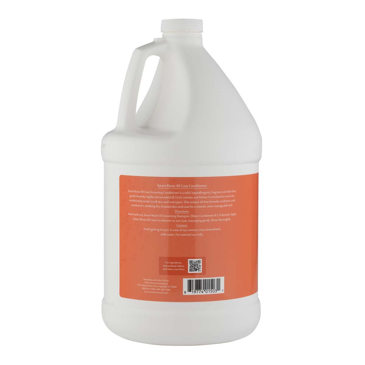 Back of Gallon of Chris Christensen Smart Rinse Hypoallergenic All Coat Conditioner