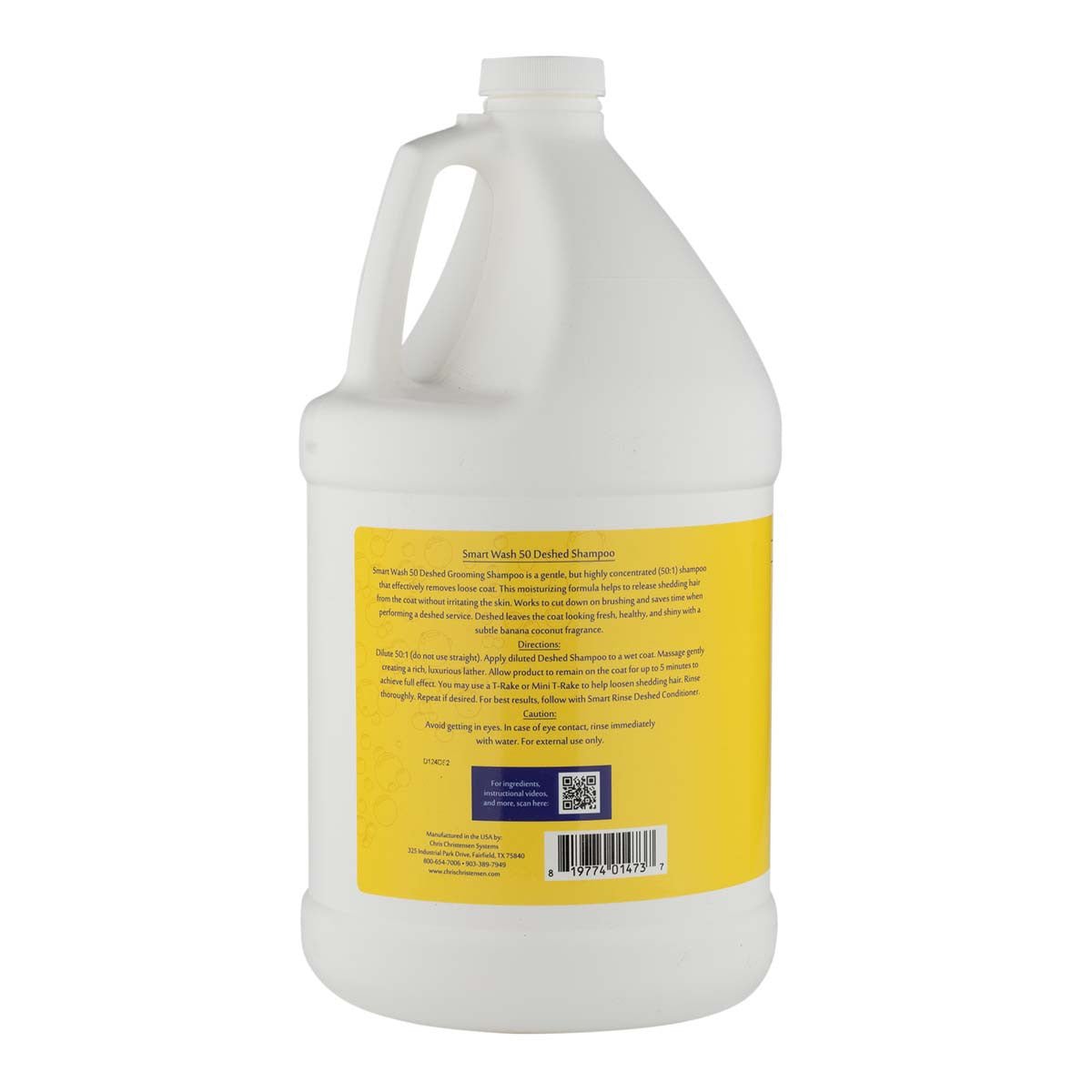 Back of Gallon of Chris Christensen SmartWash50 De-Shed Shampoo